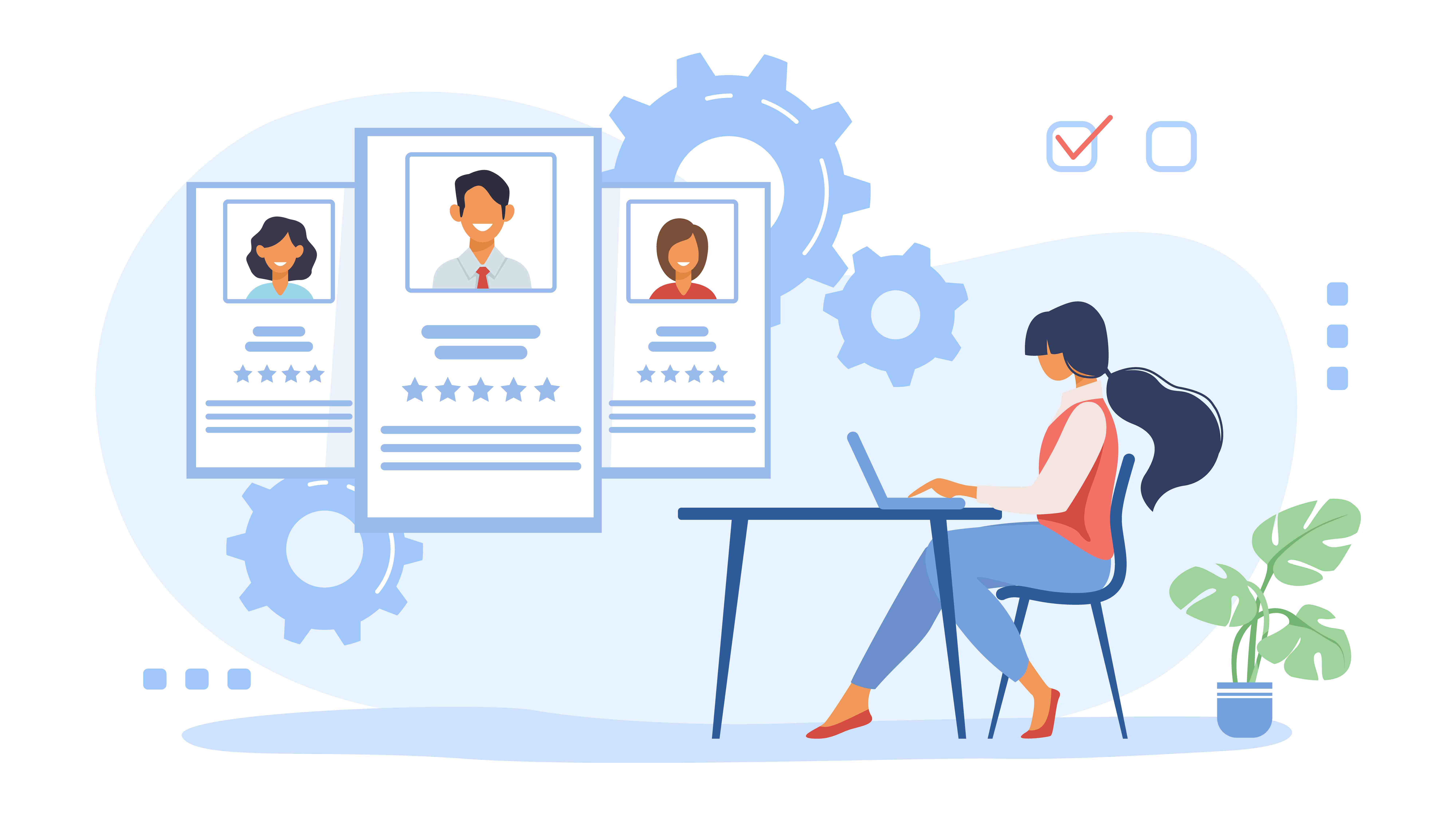 Image-vecteur-d'une-femme-evaluant-des-profils-rh